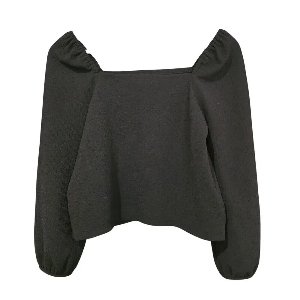 Madewell Crepe Square-Neck Puff-Sleeve Top True Black Size XXS